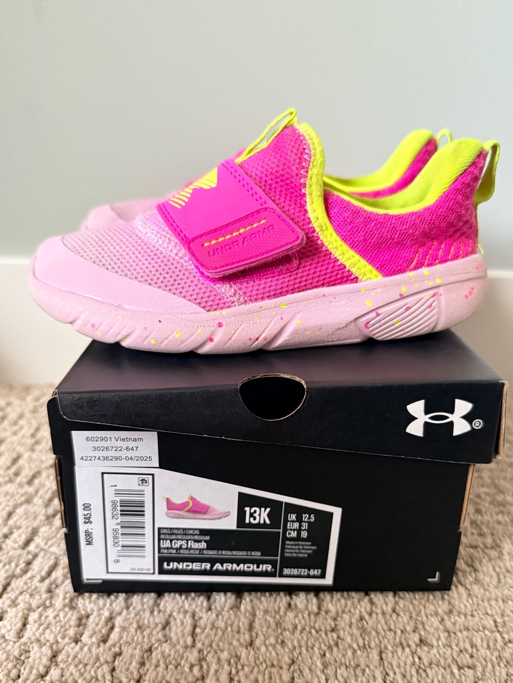 Under Armour GPS Flash Girls Neon Pink Velcro Sneakers Size 13K Slip On